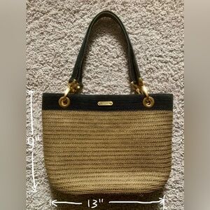 Eric Javits Striped Black Gold Tote Bag Gold-Tone Hardware Double Handles
